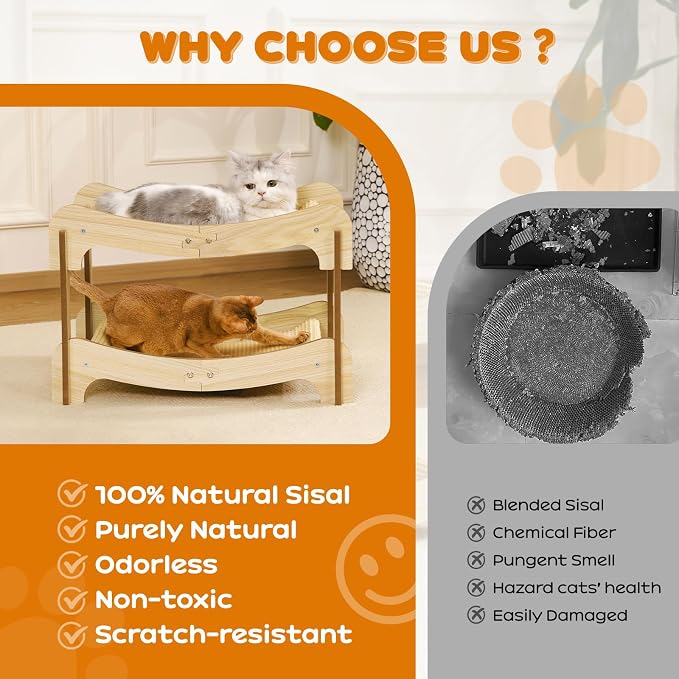 Two-Tier Sisal Cat Scratcher Bed Durable Cats Hammock Lounge for Scratching Pad, Wood Scratch Board for Indoor Kittens & Adult Cats, Easy Assembly Cats Furniture