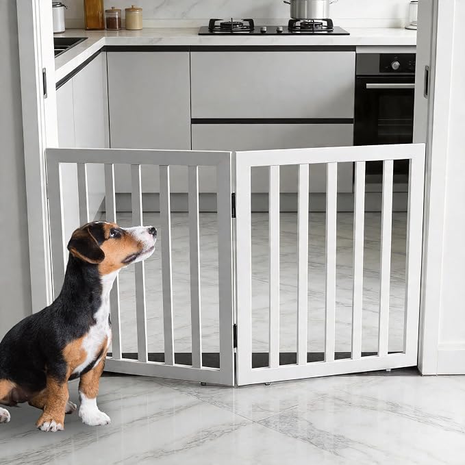 Dog Gate Indoor, Freestanding Dog Fence for The House, Doorways, Hallways,or Stairs,Pet Gate Foldable Wooden,Expandable 24" Height 2 Panels,White