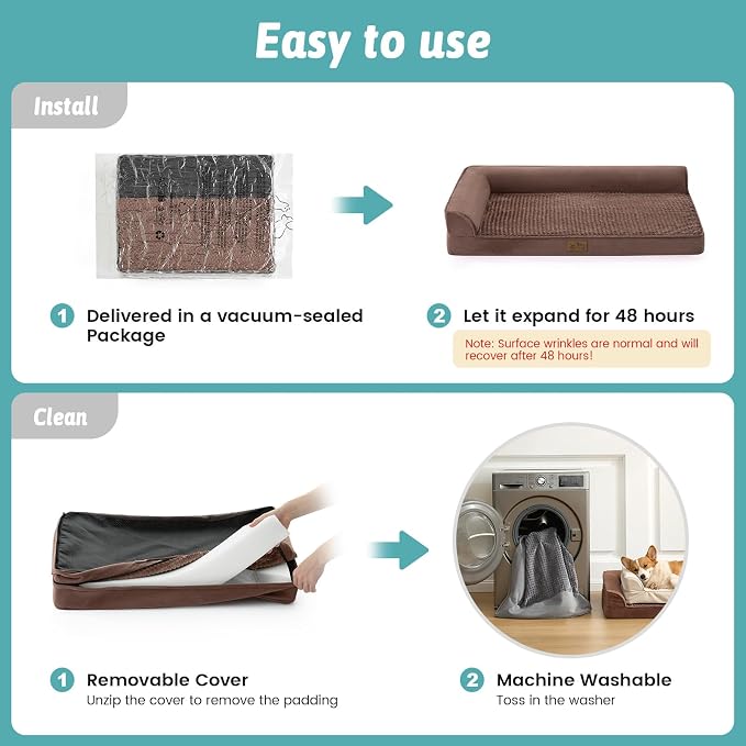 COZY KISS Orthopedic Dog Bed for Large Medium Size Dog, Dogs Crate Bed, L Shaped Foam Anti-Slip Bottom Pet Cat Sofa with Washable Removable Cover, Suitable for Pet Up to 75 lbs, 36x27x6.5 inch, Brown