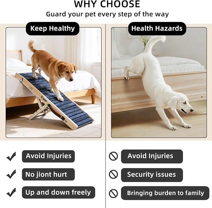 ZJSF Foldable Wooden Dog Ramp for High Bed, Dog Stairs for Small Dogs, High Traction Platform with 4 Adjustable Heights (14"-19.7"), 33" L, Supports up to 70 lbs