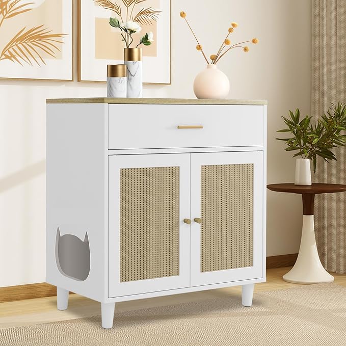Hidden Cat Litter Box Furniture with Storage Drawer, Wood Cats Litter Enclosure Cabinet, Kitty Litter Box Hidden Enclosed Tall Cabinet Dog Proof for Living Room White