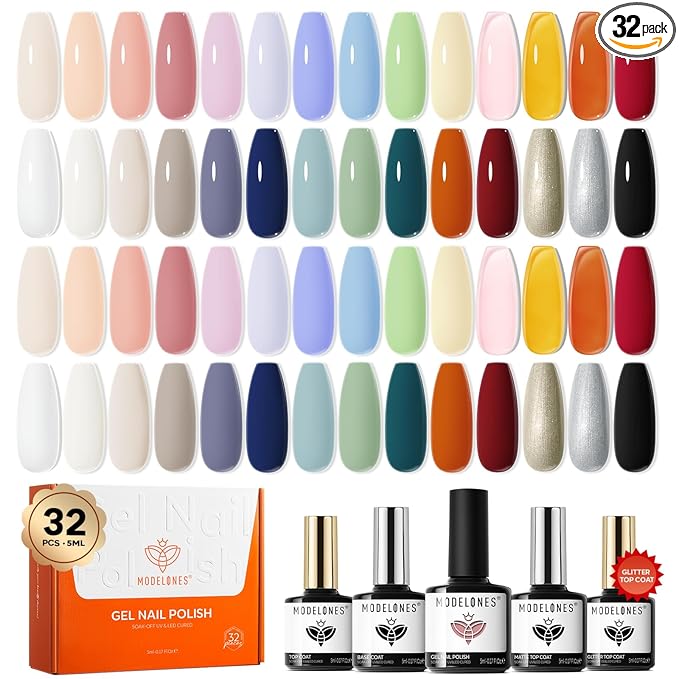 Modelones 32 PCS Gel Nail Polish Set, 28 Colors Summer Gel Polish with No Wipe Base Coat, Glitter & Glossy & Matte Top Coat Nude Pink Blue Purple Green Black Brown Gray LED Nail Art kit Salon DIY Gift