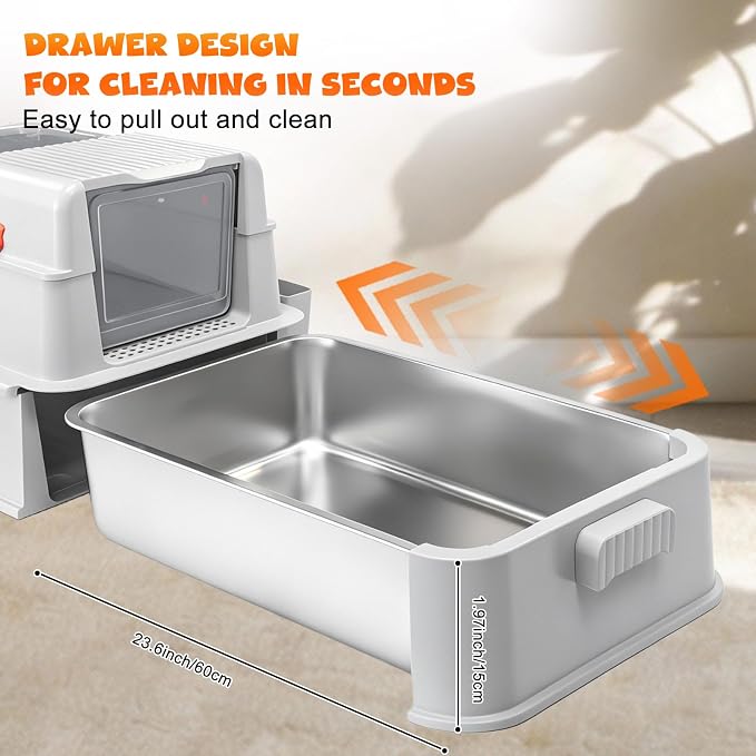 Homegroove Enclosed Stainless Steel Cat Litter Box with Drawer, XL Large Metal Cat Box with Lid for Indoor Cats, Metal Covered Litter Pan with Litter Scoop& Pedal (Light Gray)