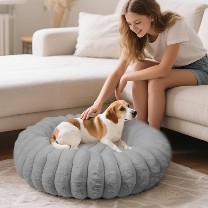 Donut Dog and Cat Bed, Luxurious Comfortable Faux Rabbit Fur Pet Beds, Round Anti-Anxiety Calming Puppy Kitten Bed with Anti-Slip Bottom for Small Medium Dogs & Cats(20", Grey)