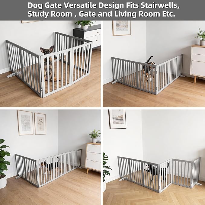 Dog Gate Indoor, Freestanding Dog Fence for The House, Doorways, Hallways,or Stairs,Pet Gate Foldable Wooden,Expandable 24" Height 6 Panels,Grey