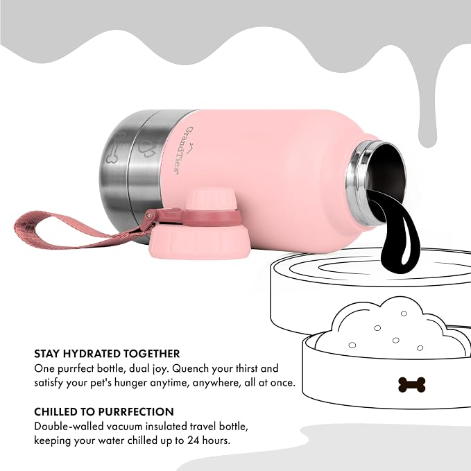 GrandTies Insulated Portable Dog Water Bottle with 2 Detachabl Water Bowl Dispenser | Leak-Proof Pet Food Travel Container | Dog Accessories for Walking, Hiking, Camping (32oz, Peach Creme)