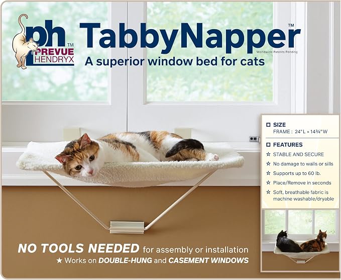 Prevue Pet Products TabbyNapper Easy Mount Cat Hammock Bed Perch - Indoor Window Cat Bed and Perch for Small and Large Cats, Fleece Cushion, No Tools Needed, No Drilling or Wall Screws