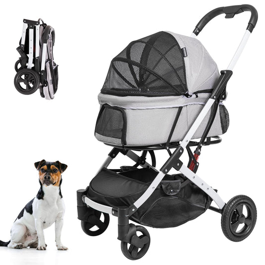 Pet Stroller for Medium Small Dog & Cat, Foldable Lightweight Dog Stroller with Storage Basket Pet Travel Carriage with Safety Leashes, 4 Wheel, Gray