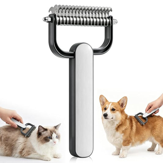 Double Sided Dematting Comb For Dogs And Cats, Undercoat Rake For Shedding, Detangling And Dematting Long, Matted Fur On Cats And Dogs (Gray)