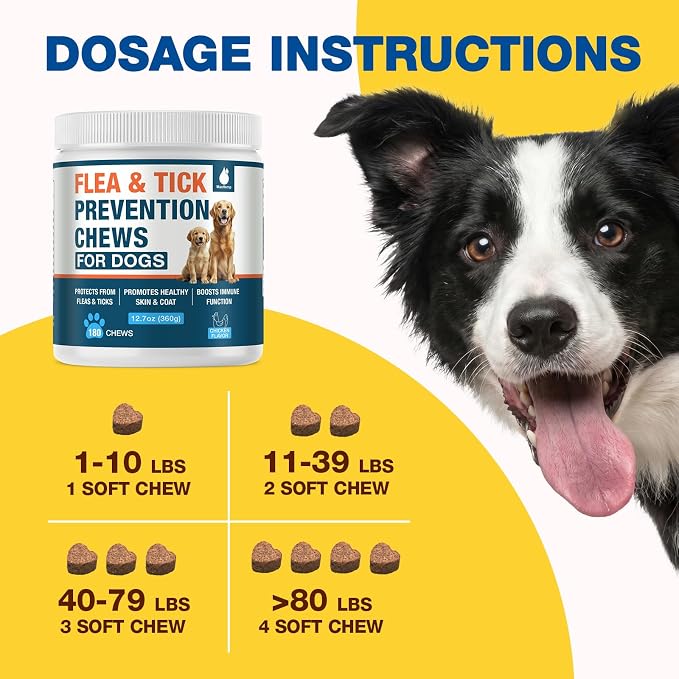 Natural Flea and Tick Prevention for Dogs Chewables, 180 Soft Chews Dog Flea and Tick Treatment, Oral Flea Chews for Dogs, Skin & Coat Support Supplement