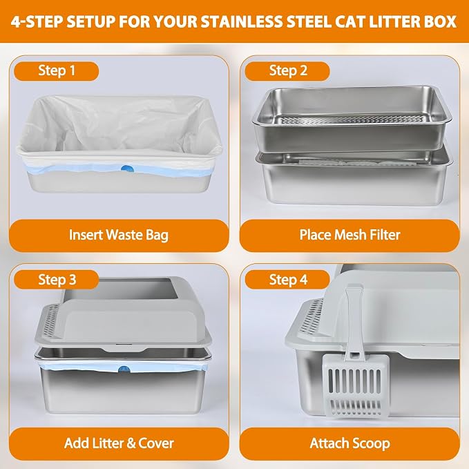 Homegroove Stainless Steel Sifting Litter Box for Pine Pellets, 23.6''x15.7''x14'' XXL Metal Cat Litter Box with Lid for Indoor Cats Pellet Sifter Litter Pan with Plastic Scoop &10 Urine Pads (8 Inch)