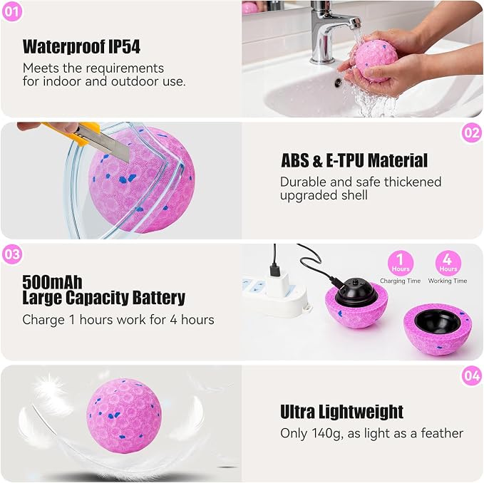Interactive Dog Toys - Chew-Proof Dog Ball for Aggressive Chewers, Self-Moving Automatic Vibration with 3 Modes, IP54 Waterproof E-TPU, Ideal for Medium and Large Dogs (Pink)