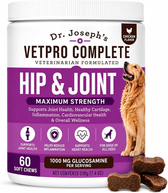 Dr. Joseph's VetPro Complete Dog Hip & Joint Wellness Supplement – High-Strength Glucosamine, MSM, Omega & Chondroitin Chews and Breeds – Vet Formulated Chicken Dog Treat - 60 Count