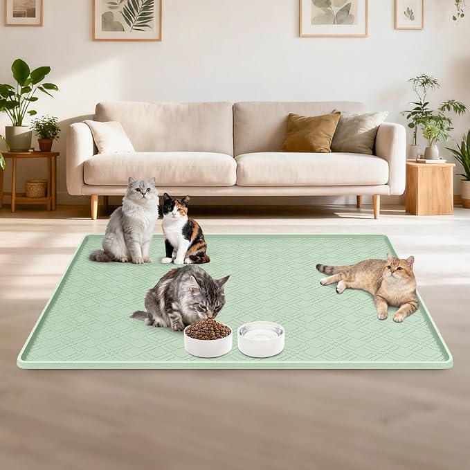 Cat Food Mat, 42" x 29" Large Silicone Mat Cat Feeding Mat with Raised Edge Non-Slip Pet Feeding Mat for Food and Water Bowl, Easy to Clean, Floor Protection (Light Green)
