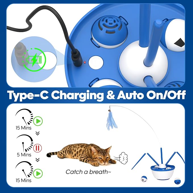 Pawingcat Automatic Cat Wand Toy Interactive Cat Toy Catnip Balls 7in1 Detachable Cat Toys for Bored Indoor Adult Cats Rechargeable Cat Interactive Toys