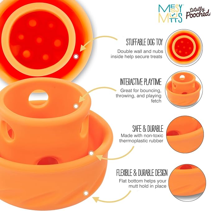 Messy Mutts Totally Pooched Puzzle 'n Play Mushroom | Stuffable Treat Toy for Dogs |Durable TPR | 3.25”” x 2.5” (Small) Dog Toy | Orange