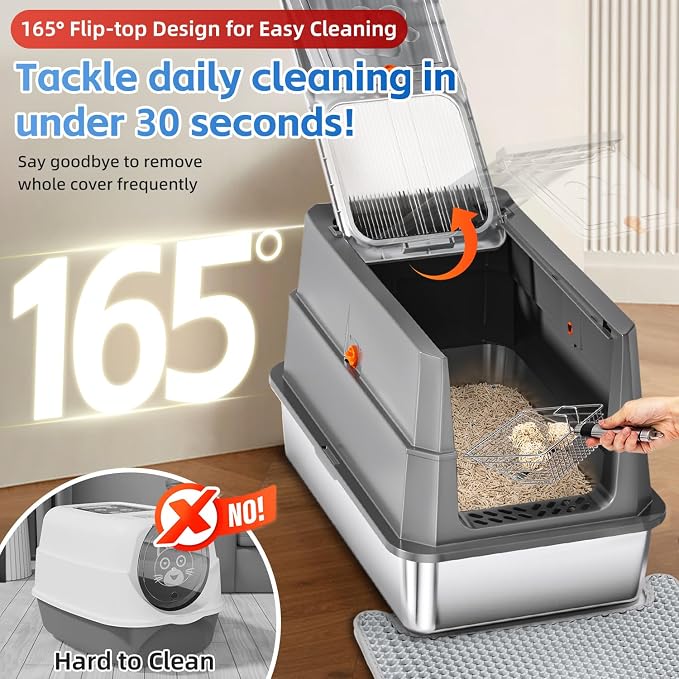 Stainless Steel Litter Box with lid,165° Flip-Top Large Enclosed Cat Litter Box with Metal Litter Scoop & Cat Litter Mat.Non-Sticky, Non-Odor, Easy Cleaning-Dark Grey