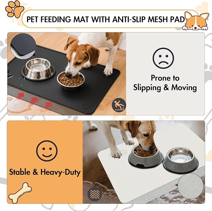 Newest Diatomite Stone Pet Feeding Mat for Dog&Cat–Super Absorbent Diatomite Fast Drying Stone Dog Food Mat, Quick Dry Dog Mats for Food and Water with Non-Slip Pad (24×16'', Off White, Square)