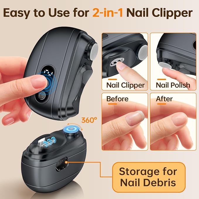 Electric Nail Clipper 2026 Upgraded 3 in 1 Rechargeable Automatic Nail Trimmer with LED Light & Clip Storage - USB Rechargeable for Baby, Kids,Seniors, Adults