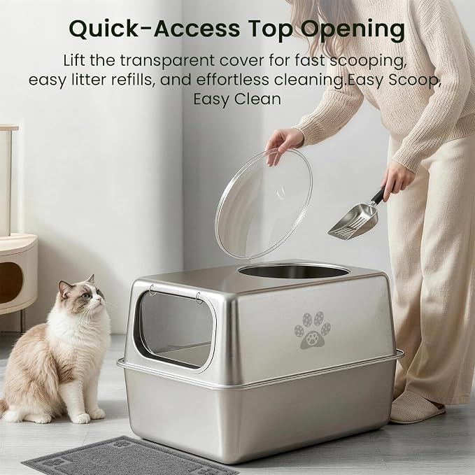 Ptlom Enclosed Stainless Steel Cat Litter Box with Lid, Extra Large Metal Litter Box, Leak-Proof High Sided Covered Litter Box for Kitties & Multi Cats, Non-Stick, Includes Litter Mat & Scoop