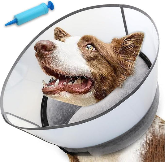 Upgraded Inflatable Dog Cone Collar with Transparent Anti-Licking Shield, Adjustable Elizabethan Collar for Medium Large Dogs, 2-in-1 Design with Detachable Shield