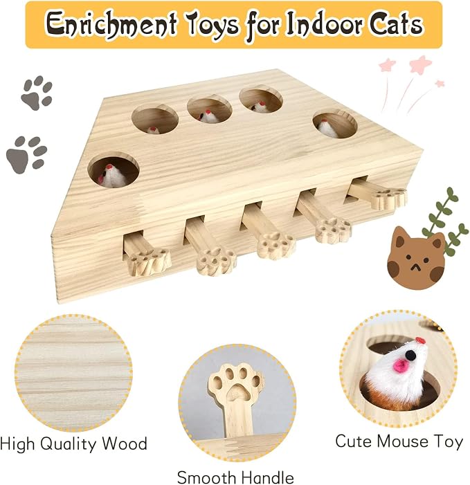 kathson Whack A Mole Cat Toy, Interactive Cat Toy Wood Kitten Puzzle Enrichment Box Catch Mice Game for Indoor Cat Exercise Relieve Boredom