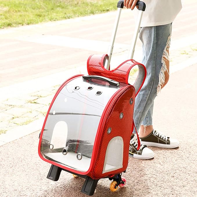 Pet Travel Rolling Carrier Backpack with Removable Wheels,Portable Foldable Breathable Airline Approved Hiking Soft-Sided Carrying Bag Trolley for Small Dogs And Cats with Mesh Ventilation Windows