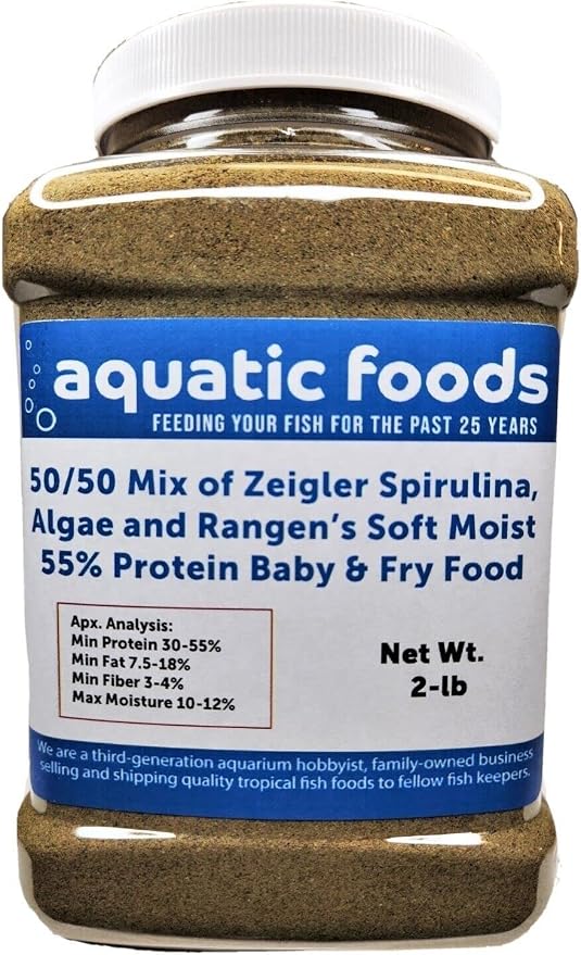 50/50 Mix of Spirulina, Algae Powder and Rangen's Soft Moist 55% Protein Koi & Tropical Fish Fry Floating Food...2-lb Med Jar
