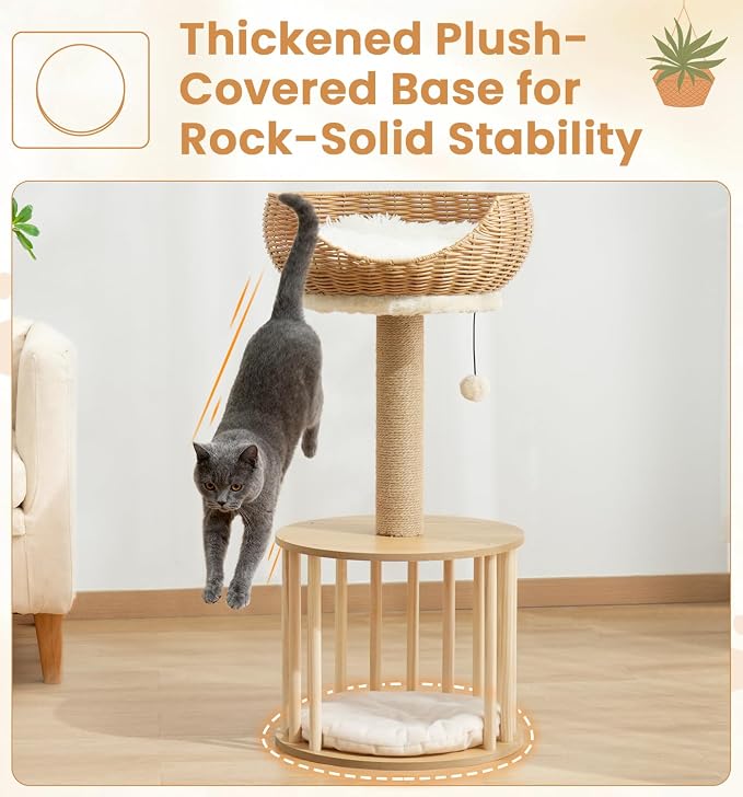 Made4Pets 30in PE Rattan Cat Tree Tower with Scratching Post, Birdcage-Style Wooden Condo with Reversible Cushion & Thickened Base, Handwoven Wicker Basket Bed and Plush Cushion Top Perch