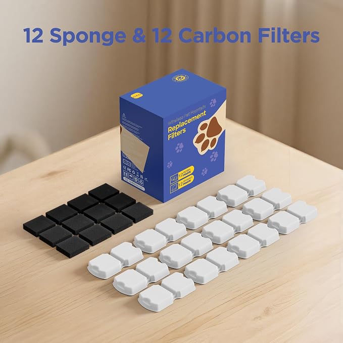 IHOUONE Official Cat Fountain Filter: 12 Carbon Filters & 12 Foam Filters | 24 Cat Water Fountain Filter Replacement - Suitable for IHOUONE Stainless Steel pet Fountains