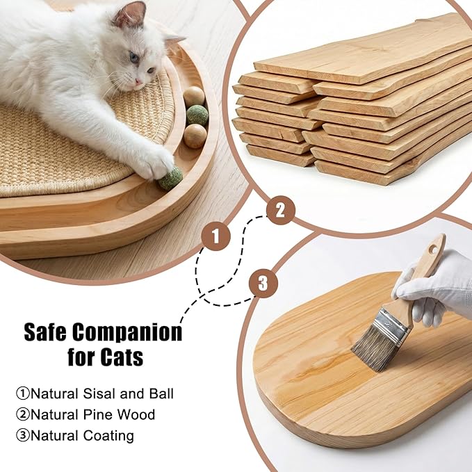 Sisal Cat Scratcher Toy with Ball Track, Natural Scratching Pad, Wooden Cat Toy with Non-Slip Base for Indoor Cats, Suitable for Kittens and Medium Cats