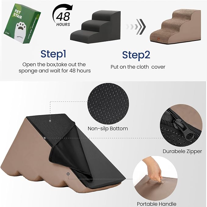 GoGoBunny Waterproof High Density Foam Curved Dog Stairs for High Beds Couches 19.7" H, 4-Step Ramp Dog Steps Friendly to Small Medium Dogs or Pets Joints, Non-Slip Balanced Durable Pet Step, Camel