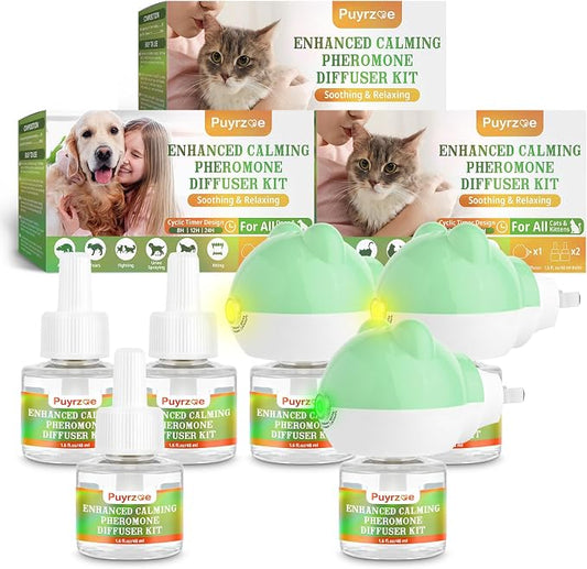 Cat 6-in-1 Calming Diffuser & Dog 3-in-1 Calming Diffuser Set – with Pheromones for Stress Relief, Anxiety Reduction, Includes 3 Diffusers + 6 Refills (for Cats & Dogs)