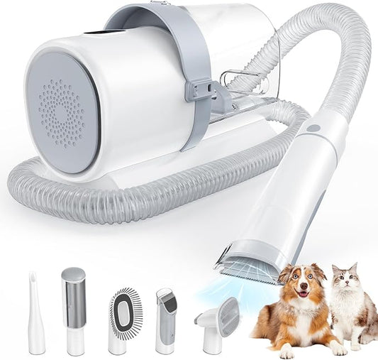 DUMOS Pet Grooming Vacuum Kit, 3 Adjustable Suction Modes Dog Hair Clipper, 5 Professional Grooming Tools with Low Noise Cat Hair Clippers, 2.5L, Ivory