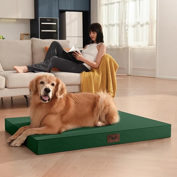 Outdoor All Weather Dog Bed, XXL Waterproof Orthopedic Egg Crate Foam Pet Mat with Removable Washable Oxford Cooling Cover for Large Dogs, 47x29 Inch, Dark Green