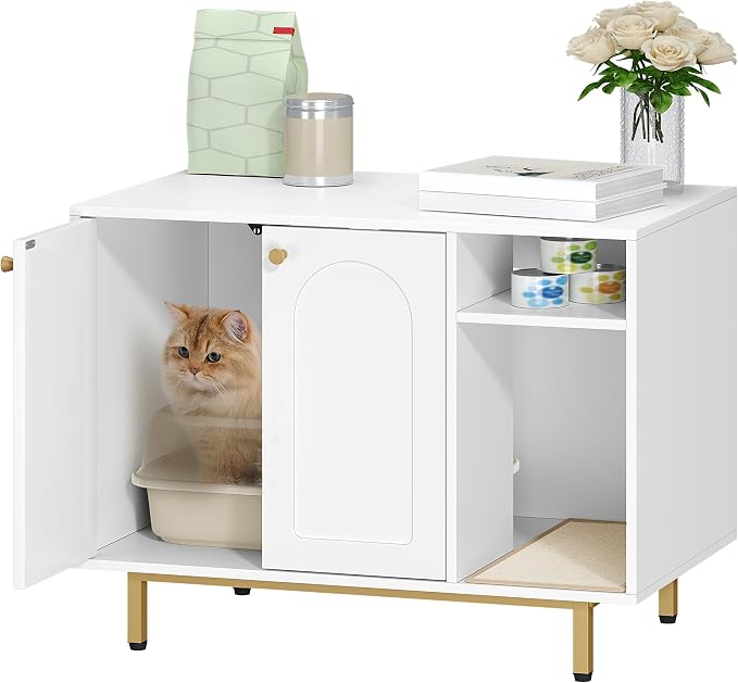 Hzuaneri Cat Litter Box Enclosure,Hidden Litter Box Furniture with Storage, Large Wooden Cabinet with Sisal Mat, Modern Cat Washroom for Living Room, Bedroom, Entryway, White and Gold 01503GCLB