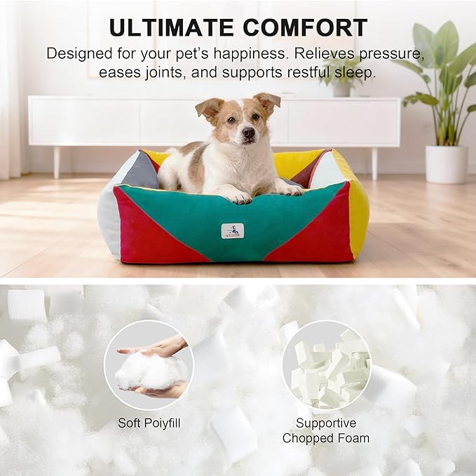 Cotton Canvas Dog Bed, Cute Dog Bed Medium Size Dog, Puppy Bed with Washable Removable Cover, Durable 290 GSM Cotton Anti-Chewing Pet Bed with Anti-Slip Bottom (30"x25"x10", Red&Yellow&Green)