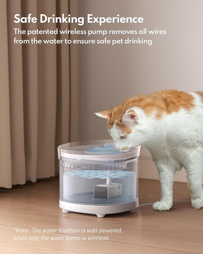 Homerunpet Cat Water Fountain with Wireless Pump, Ultra Quiet, BPA-Free Pet Water Fountain Indoor, Detachable Design Easy to Clean, Ultra Quiet Cat Water Bowl, Filter Included, 2L/68oz