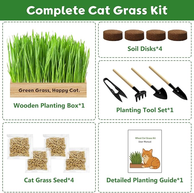 LUOJIBIE Cat Grass Kit for Indoor Cats, Cat Grass Seeds Set, Non-GMO Wheat Grass, Mothers Day Gifts for Mom, Unique Christmas Birthday Gifts for Women Men Girl, House Warming Gifts for Cat Lover