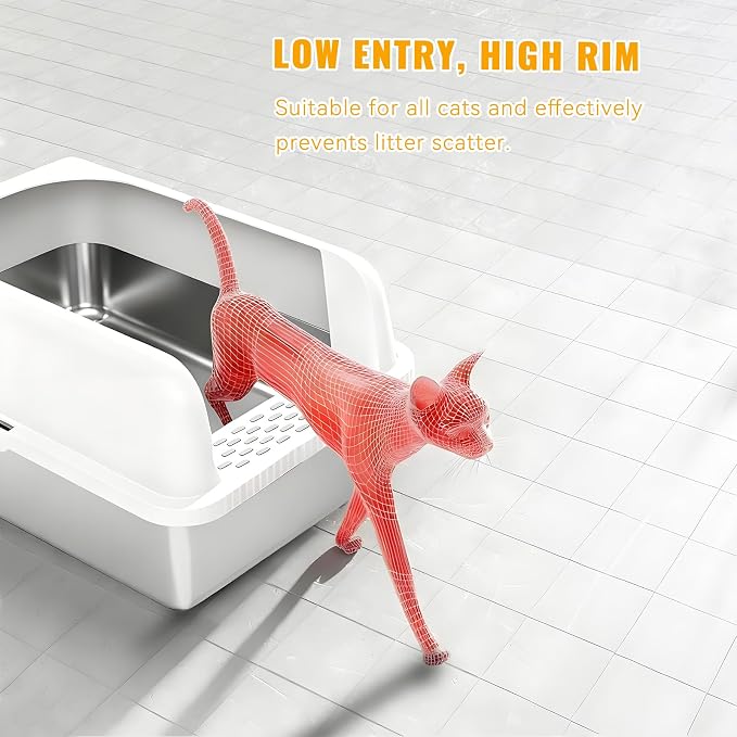 Stainless Steel Cat Litter Box with Lid, 24" L x 16" W x 12" H, Extra Large Enclosed Litter Box for Cats, High Sided Anti Leakage, Non-Stick, Includes Stainless Steel Scoop & Cat Mat