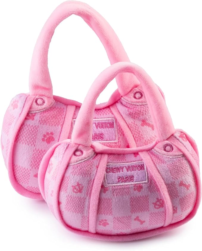 Haute Diggity Dog Chewy Vuiton Handbag Plush Squeaky Dog Toy, Soft Durable Designer-Inspired Stuffed Puppy Chew Toys for Small & Medium Dogs, Machine-Washable (Pink Checker) Small