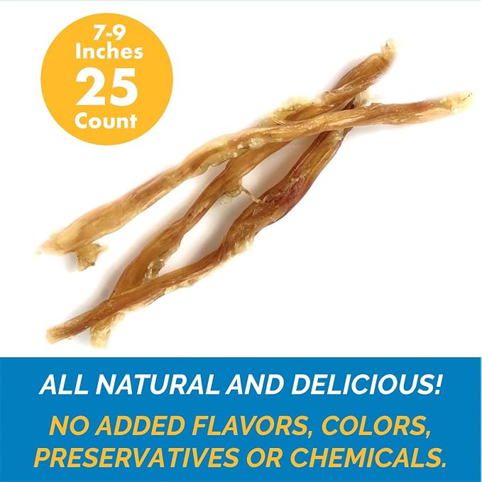 123 Treats Beef Tendon Chews for Dogs – 7-9 inches Beef Strap Chew Sticks, High in Protein, 100% Natural, Grain & Gluten-Free Dog Treats, Great for Dental Health (25 Count)