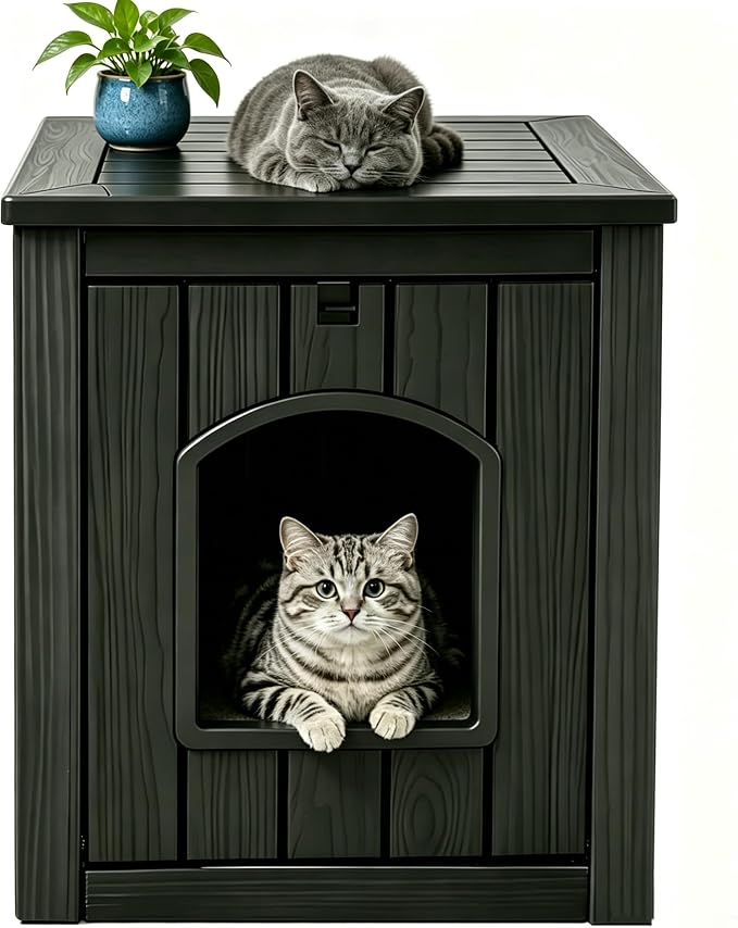 Cat Litter Box Enclosure, Resin Hidden Litter Box Furniture Side Table with Openable Front Door, Weatherproof Indoor & Outdoor Cat Litter Box Cabinet, Raised Floor, Easy to Clean & Assemble, Black