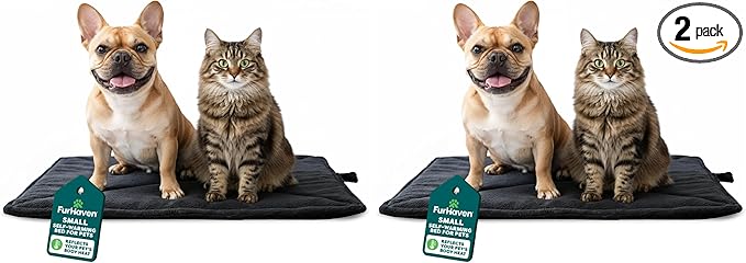 Furhaven ThermaNAP Self-Warming Cat Bed for Indoor Cats & Small Dogs, Washable & Reflects Body Heat - Quilted Faux Fur Reflective Bed Mat - Black, Small (Pack of 2)