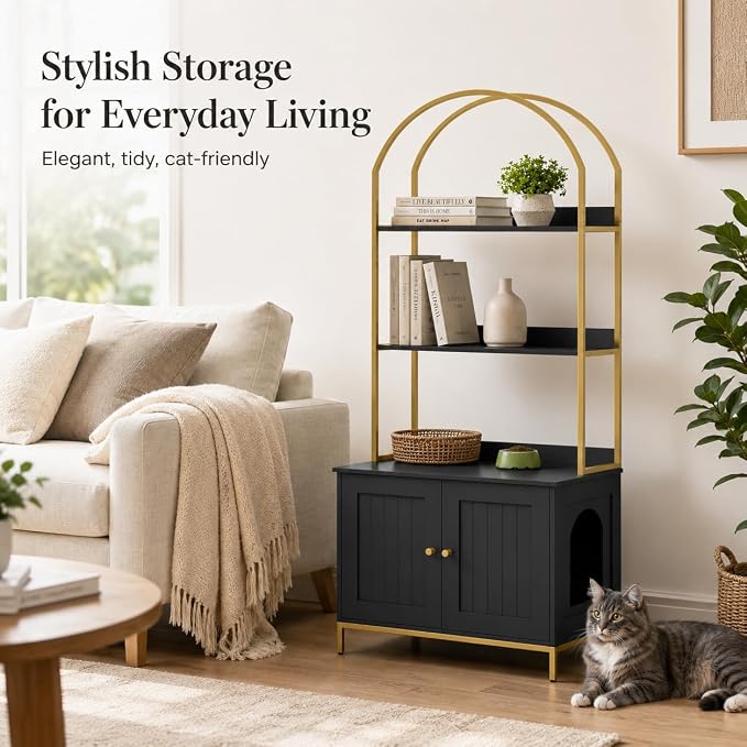 Homhedy Cat Litter Box Enclosure, Litter Box Furniture Hidden with 2-Tier Storage Shelves, Wooden Cat Washroom Furniture with Metal Frame, Modern Style, Black and Gold