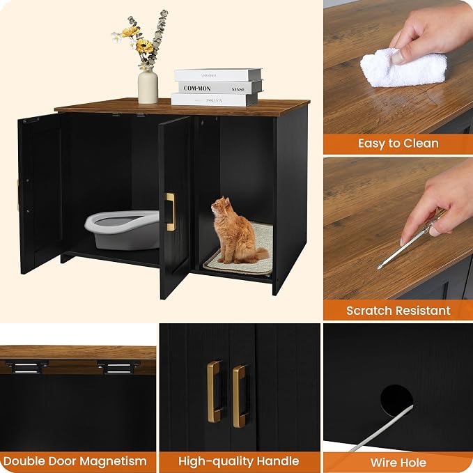 DWANTON Litter Box Enclosure, Cat Litter Box Furniture Hidden, with Scratching Mat, Wooden Cat Washroom Indoor, 31.5" L x 19.7" W x 21.7" H, Black and Warm Brown