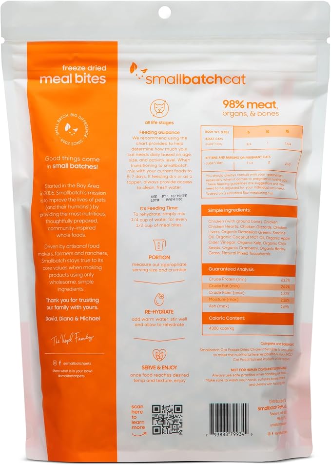 smallbatch Freeze-Dried Raw Cat Food, Shelf Stable Food Bites, Chicken Recipe, High Protein Meal or Topper for Cats, Humanely Raised Meat, Organic, Non-GMO Produce, Made in the USA, 10oz Bag
