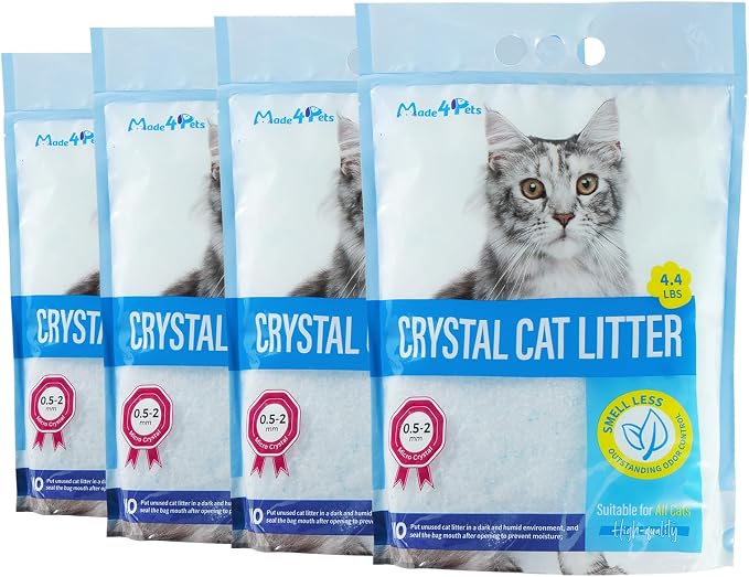 Made4Pets Cat Litter Crystals, Non Clumping Cat Litter Odor Control Kitty Litter Non Clumping No scooping Low Dust, Low Tracking, Lightweight, Dehydrates Waste,– 17.2 lbs (4 x 4.3 lb Packs)