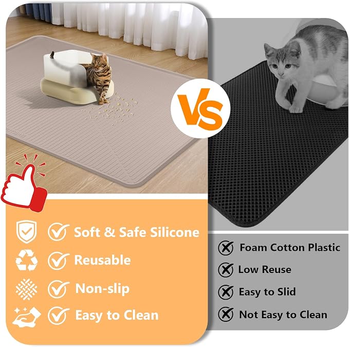 Silicone Cat Litter Mat, 45" x 30" Extra Large Litter Trapping Mat for Litter Box, Leak-Proof, Non-Slip, Kitty Litter Mats with Soft Texture for Floor, Keeping The Floor Clean (Khaki)
