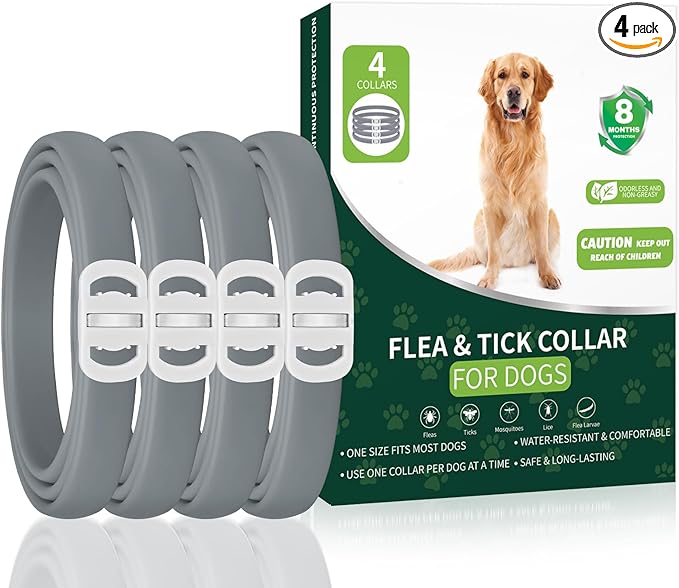 Flea and Tick Prevention for Dogs, 4 Pack Flea Collar for Dogs, Dog Flea and Tick Treatment, 32 Months Protection, Waterproof, Adjustable Collar for Dog, One Size Fits All for All Breeds, Grey